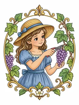 Girl Harvesting Grapes In Vintage Frame Coloring Page