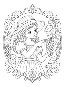 A young girl in a sun hat harvests fruit in this grapes coloring page.