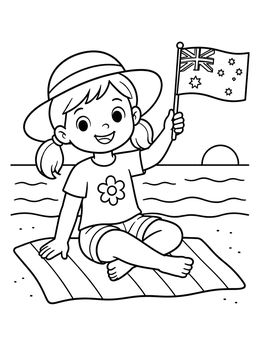 Free printable Girl With Australian Flag On Beach coloring page