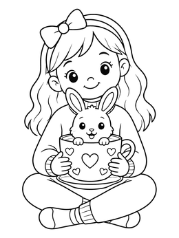 Free printable Girl Holding Bunny In A Teacup coloring page