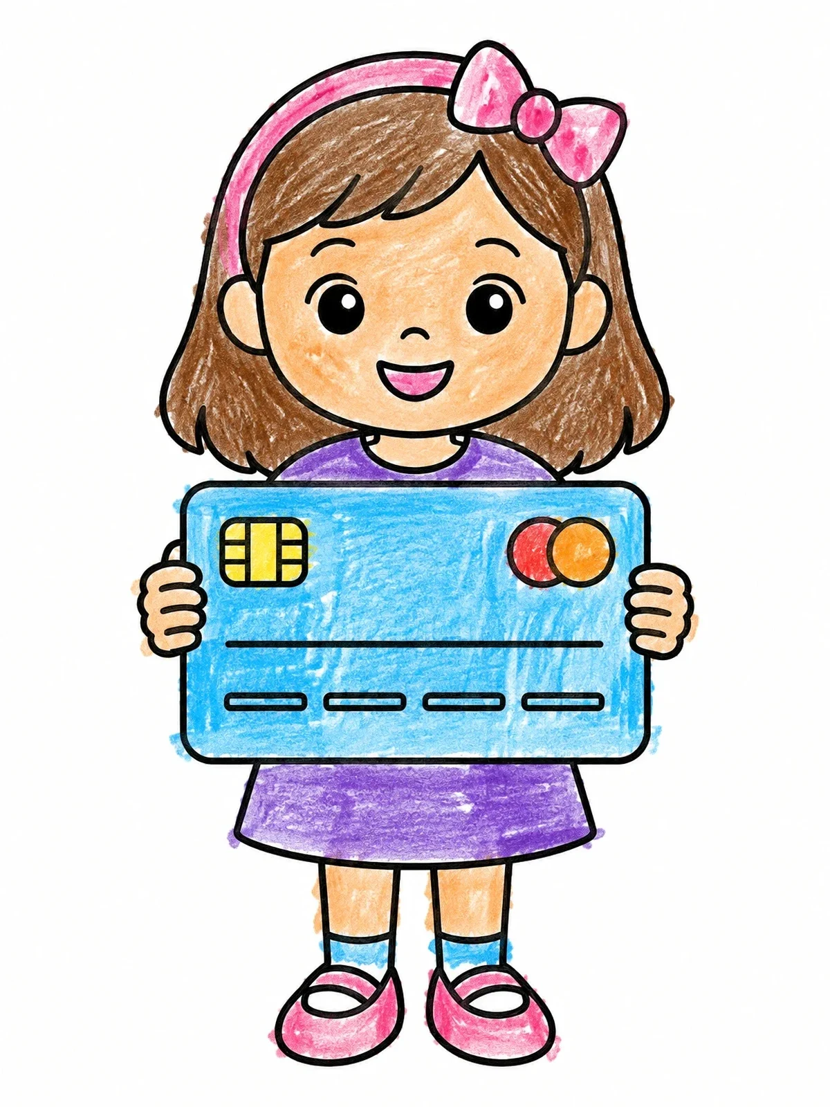 Colored example of the Little Girl Holding A Credit Card coloring page