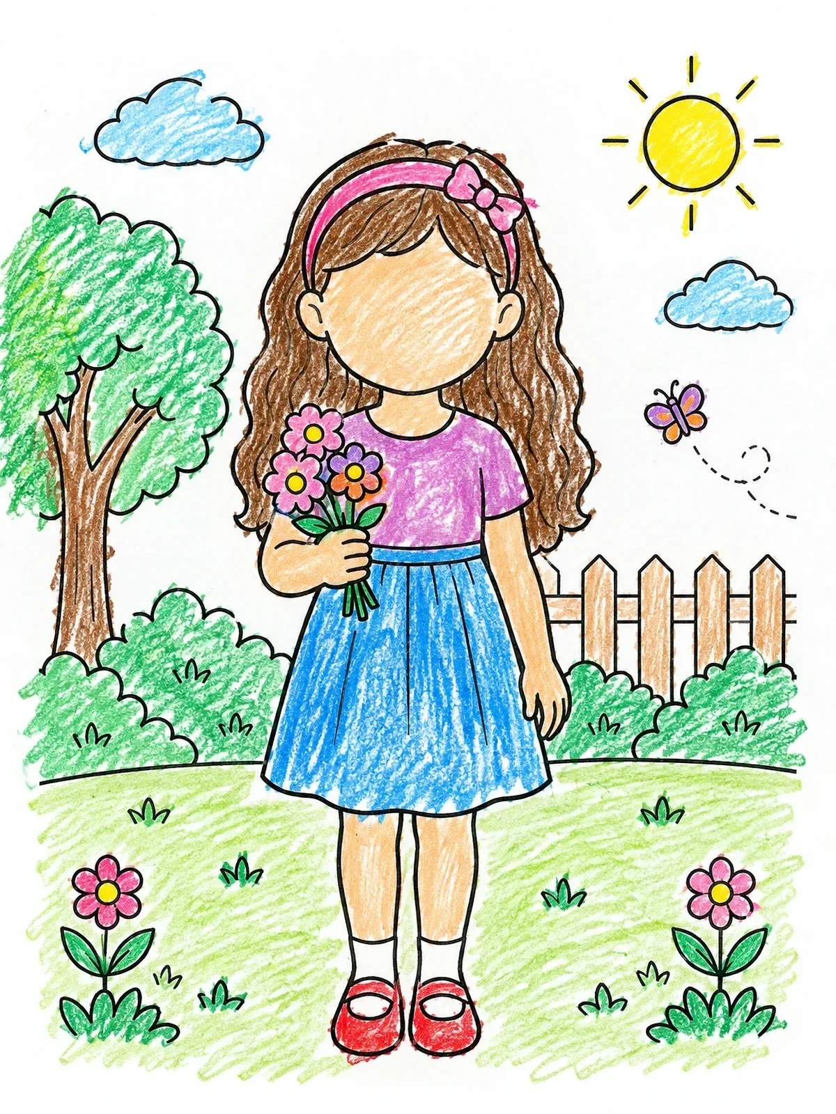 Colored example of the Girl With Flowers Blank Face Template coloring page