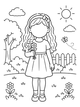 A sunny garden scene features this blank faces coloring page of a girl holding flowers.