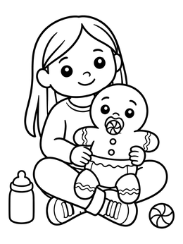 Free printable Girl Holding Gingerbread Baby coloring page