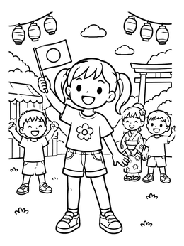 A cheerful girl waves a flag in this japan coloring page set at a summer festival.