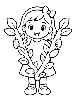Free printable Little Girl Holding Leafy Letter V coloring page