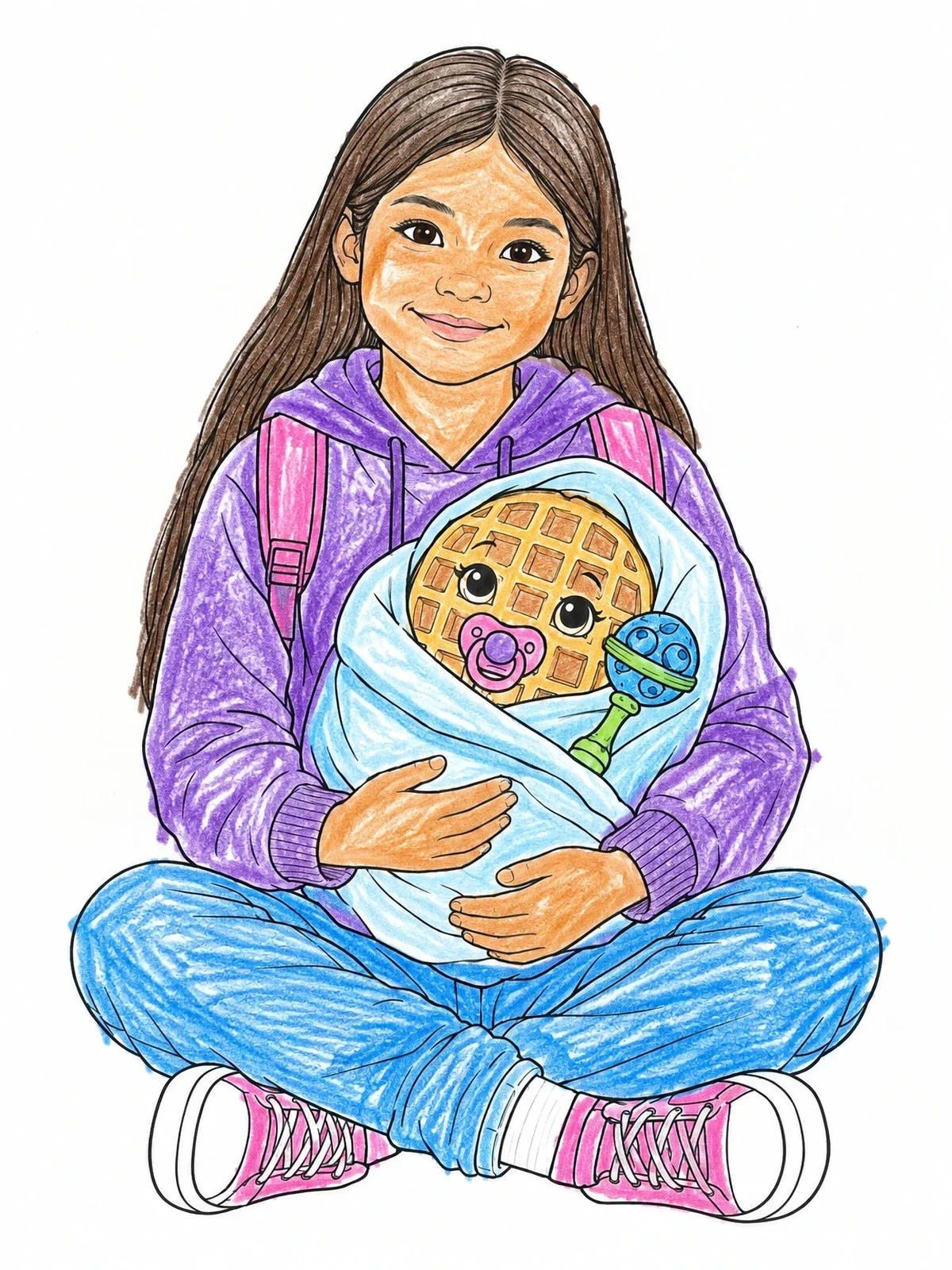 Colored example of the Girl Holding Swaddled Baby Waffle coloring page