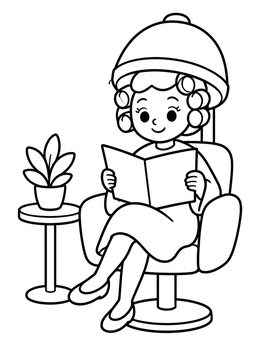A cute hair salon coloring page showing a girl under a hooded dryer reading a magazine.