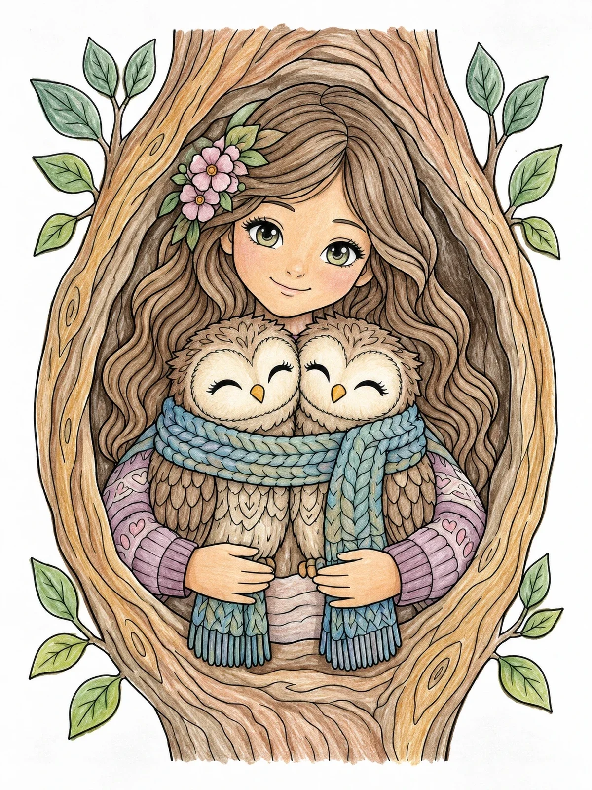Colored example of the Girl Hugging Cute Scarfed Owls coloring page