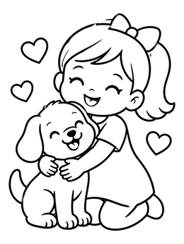 Free printable Girl Hugging A Happy Puppy coloring page
