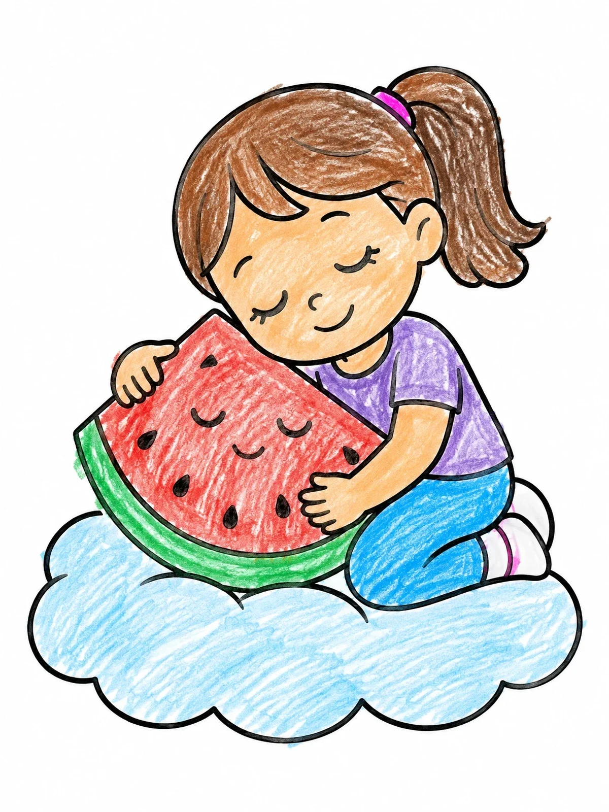 Colored example of the Girl Hugging A Watermelon Slice coloring page