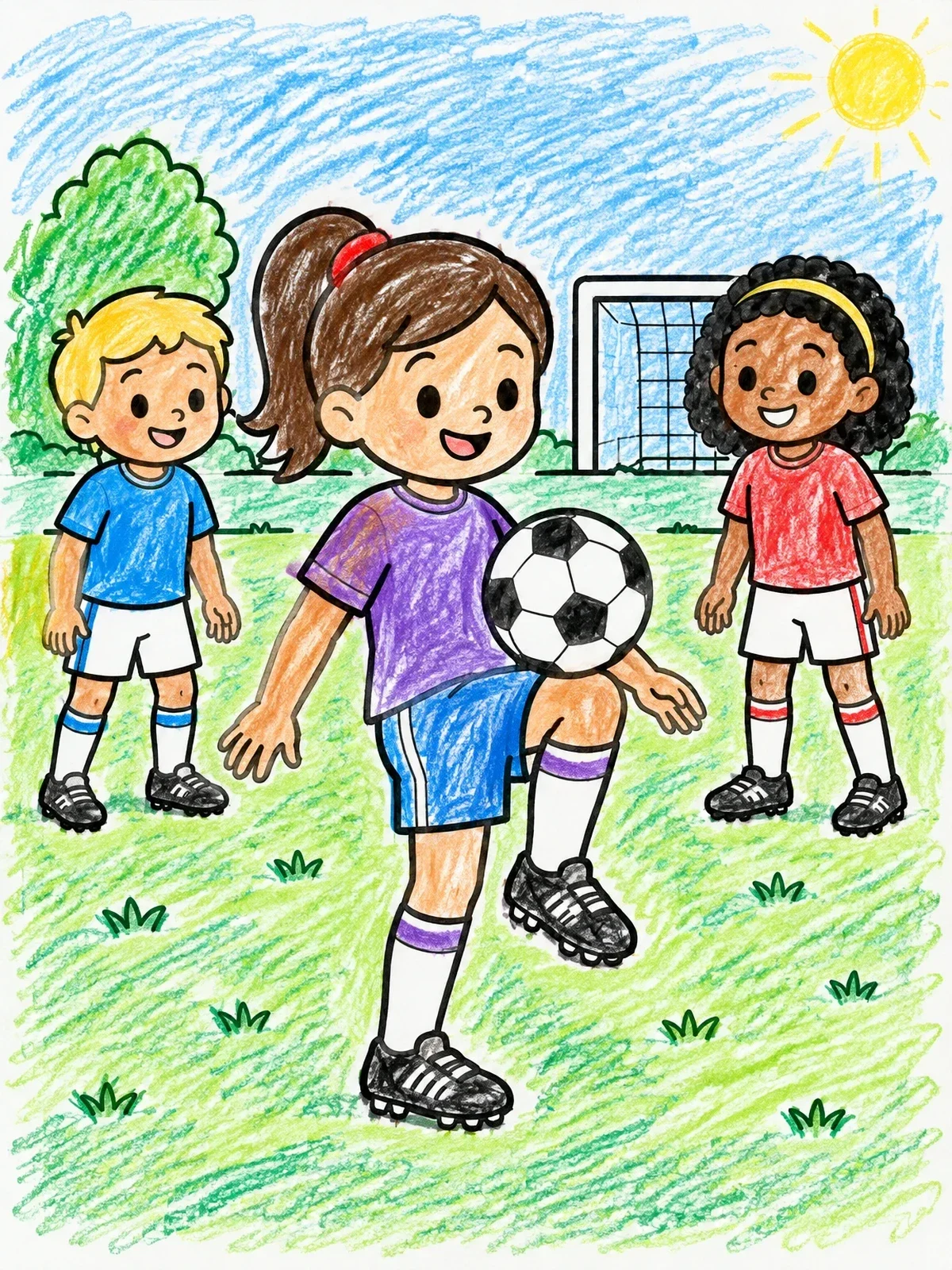 Colored example of the Girl Juggling Soccer Ball On Knee coloring page