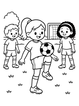 A girl balances a ball on this soccer ball coloring page with friends.