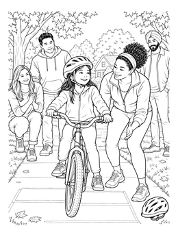 A young girl riding her bike with supportive family on this courage coloring page.