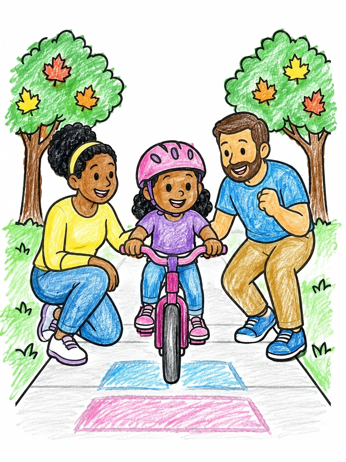Colored example of the Learning To Ride A Bike coloring page