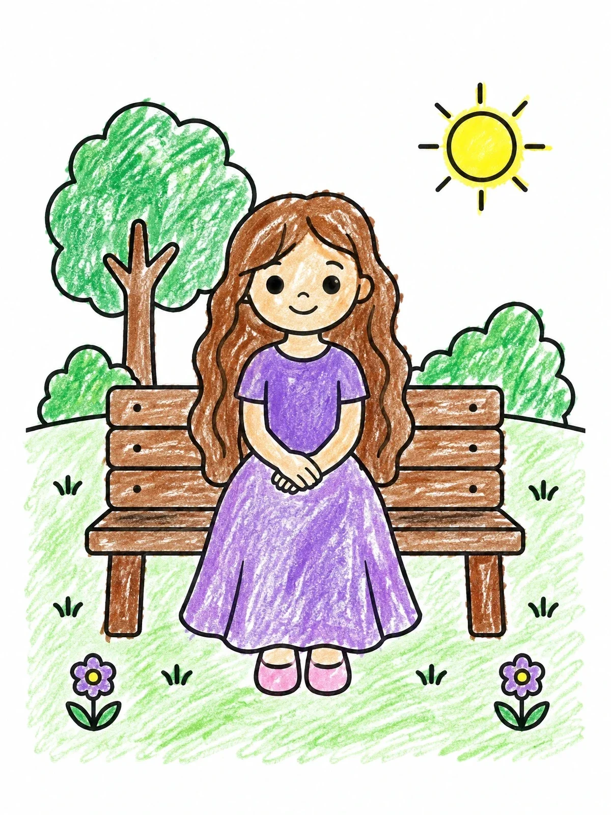 Colored example of the Girl With Long Hair On Park Bench coloring page
