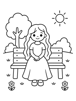 Free printable Girl With Long Hair On Park Bench coloring page