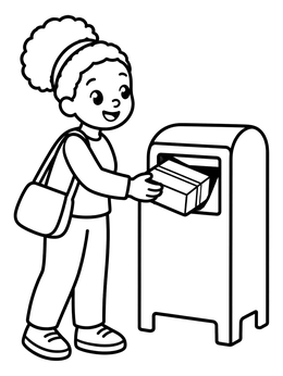 A cheerful girl dropping a package into a mailbox on this fun mail man coloring page.