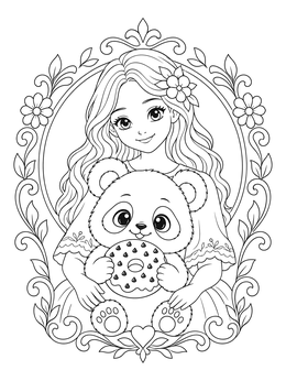 An anime style girl hugging a panda holding a treat in this donut coloring page.
