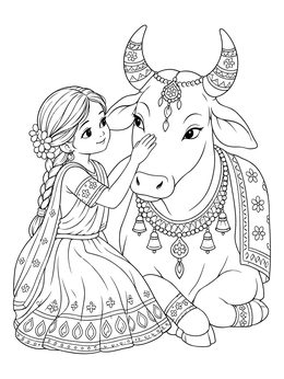 A young girl gently pets a festive decorated cow in this pongal coloring page.