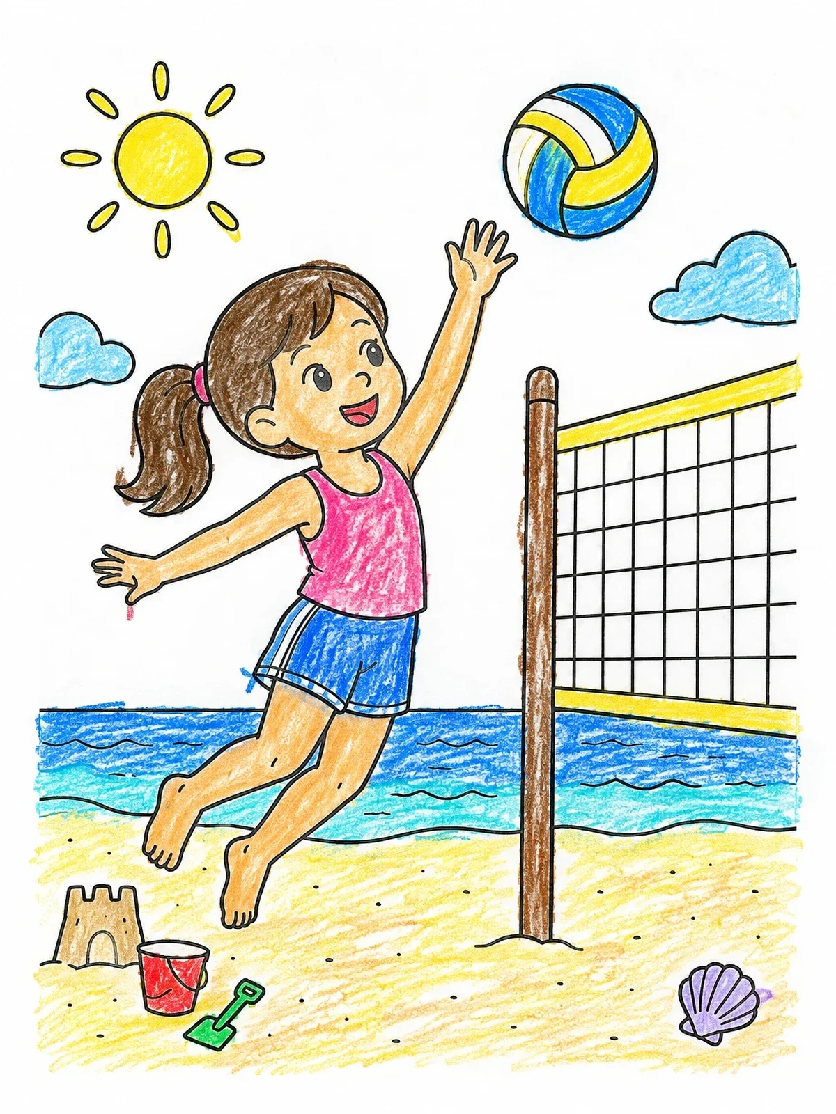 Colored example of the Girl Playing Beach Volleyball coloring page