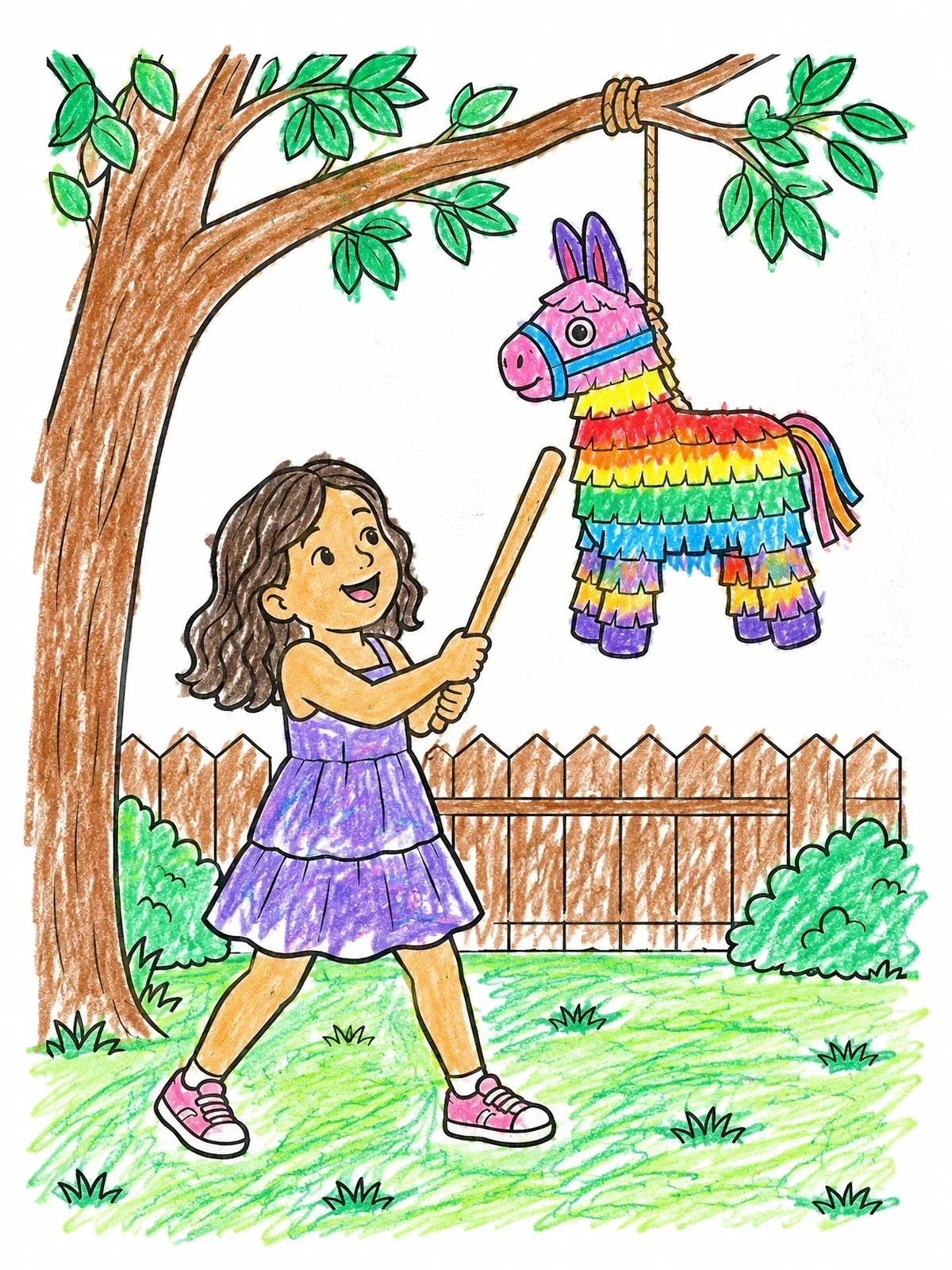 Colored example of the Girl Playing With Donkey Piñata coloring page