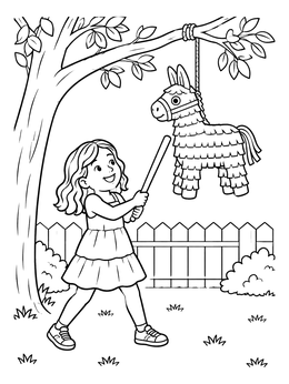 A cheerful girl swings a stick at a donkey pinata coloring page outdoors.