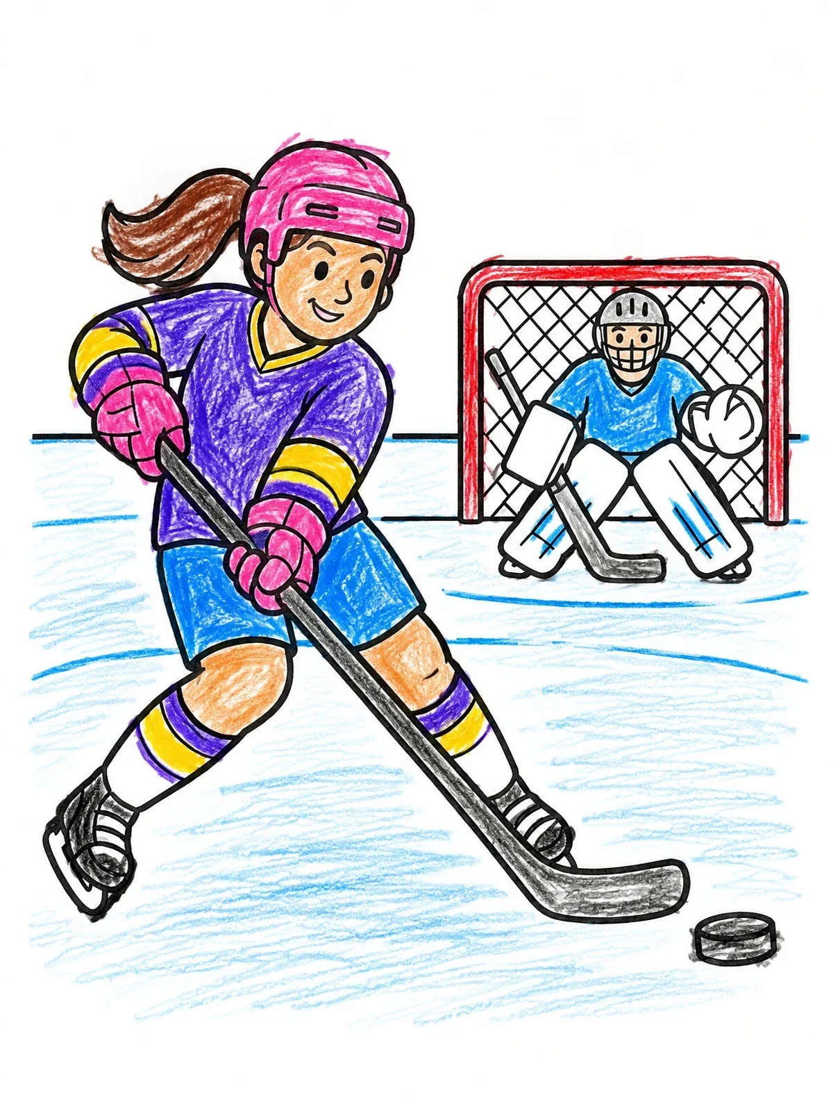 Colored example of the Girl Playing Ice Hockey Towards Goal coloring page