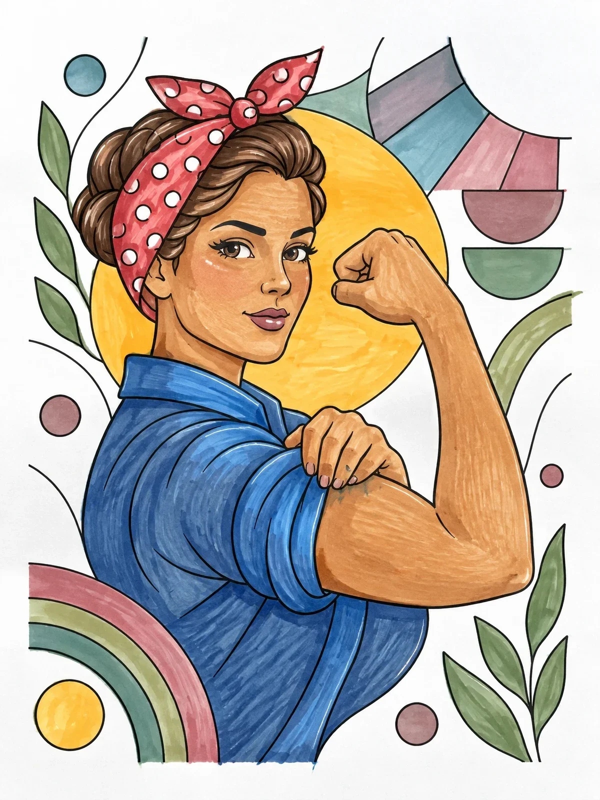 Colored example of the Confident Woman Flexing Her Arm coloring page