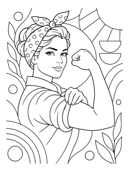 A retro-styled woman flexing in this girl power coloring page with bold decorative patterns.