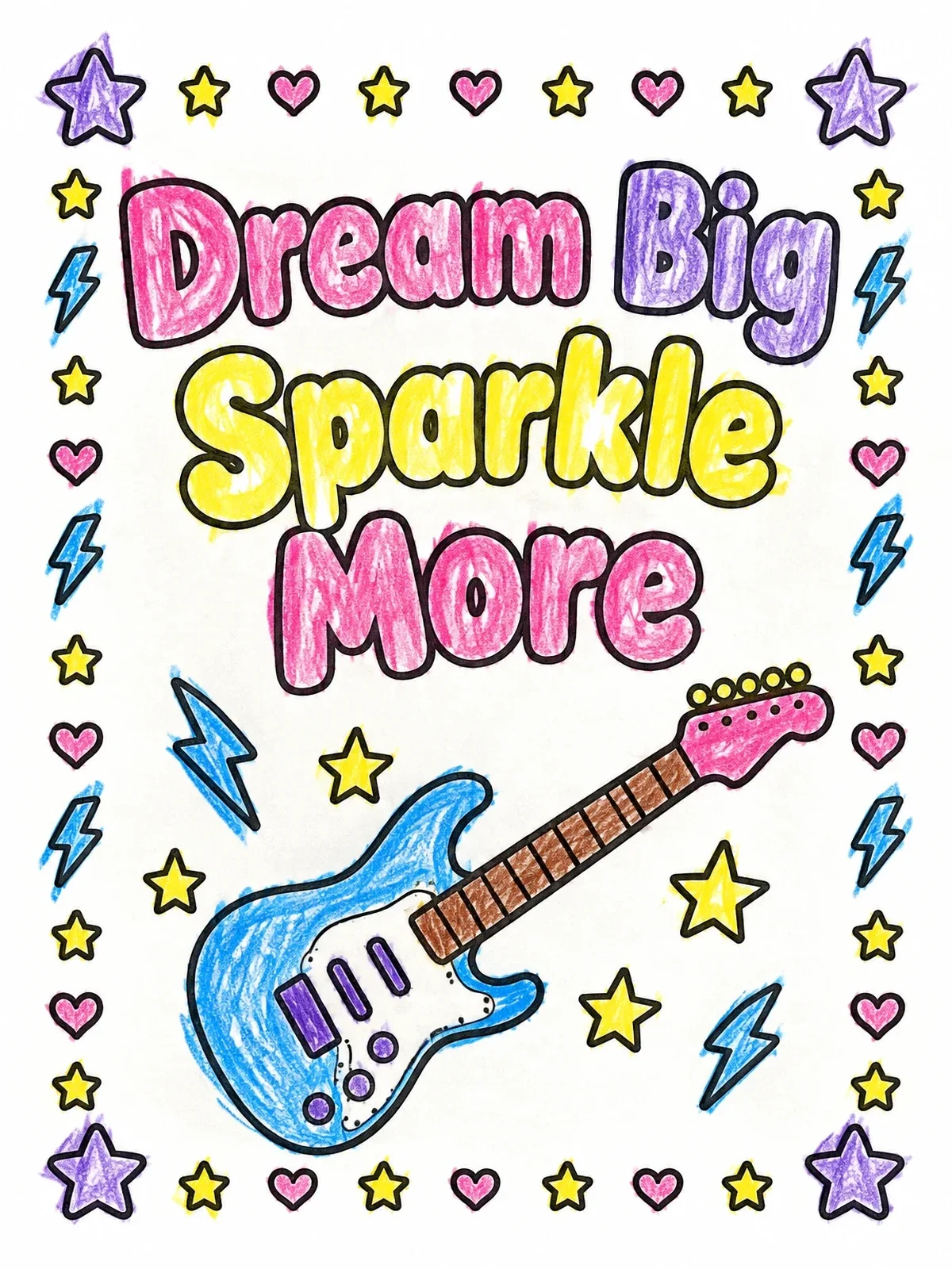Colored example of the Dream Big Sparkle More Electric Guitar coloring page