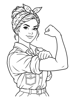 A confident retro girl flexing her muscle in this girl power coloring page.