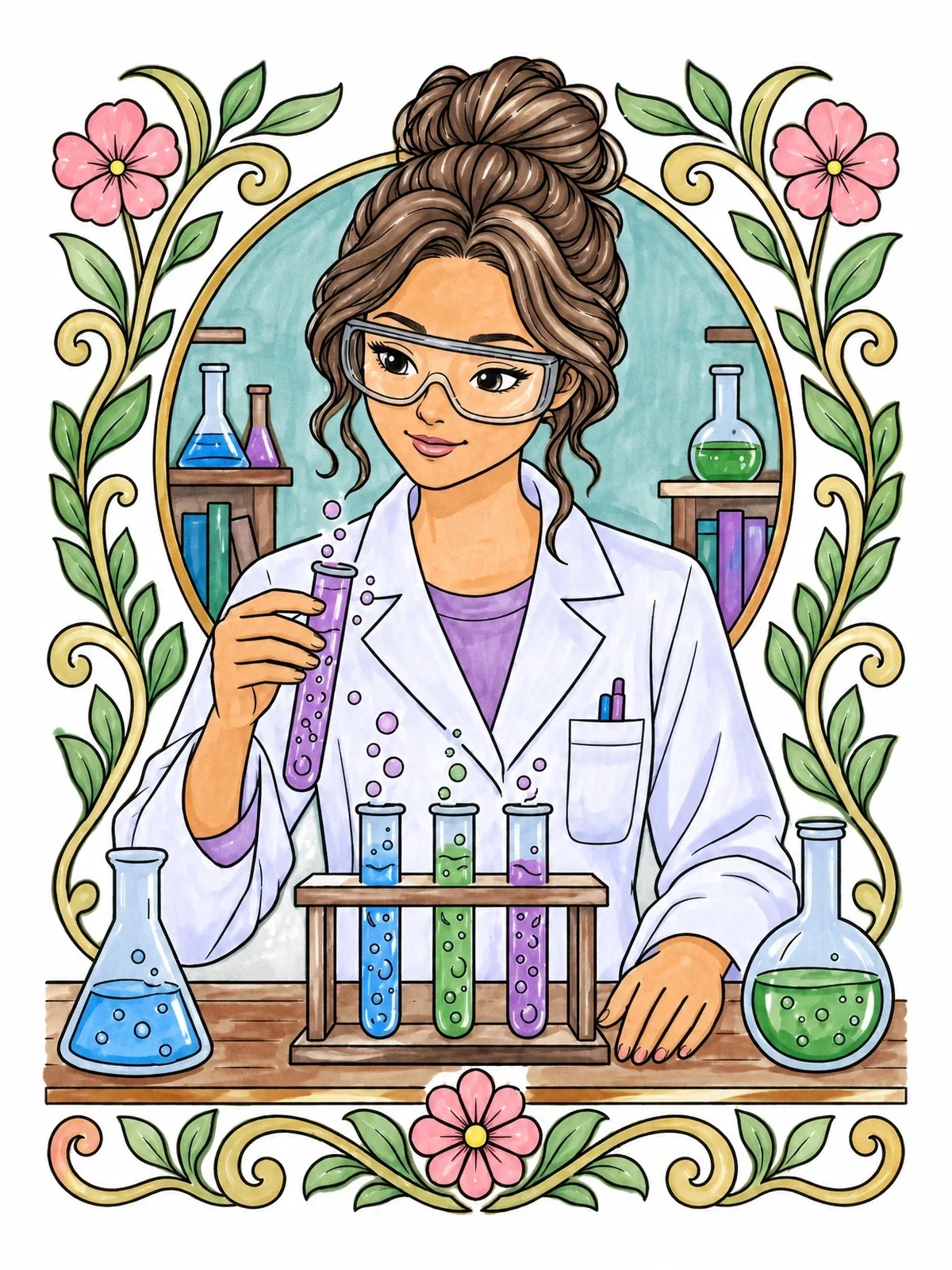 Colored example of the Young Scientist Conducting Chemistry Experiments coloring page
