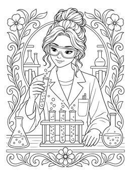A smart young woman in a lab coat and safety goggles in this girl power coloring page.