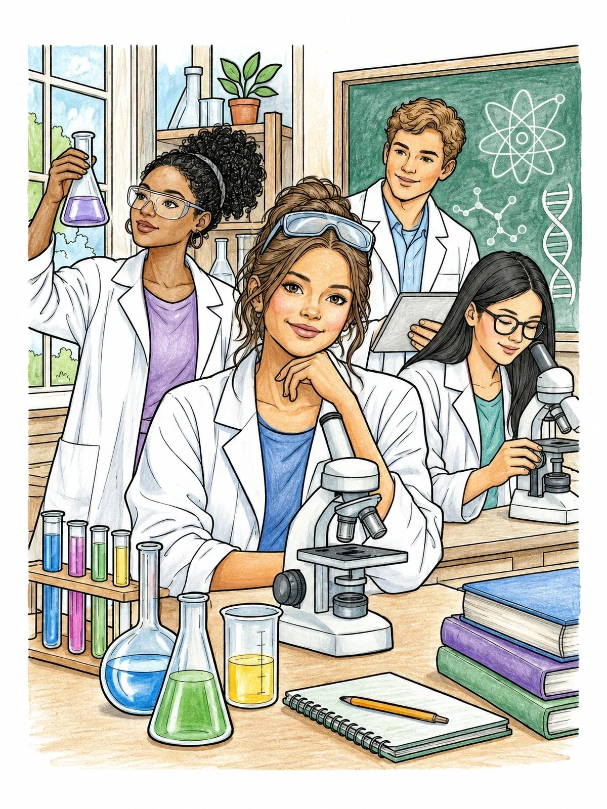 Colored example of the Young Scientists In The Laboratory coloring page