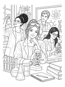Young female scientists doing experiments in a girl power coloring page.