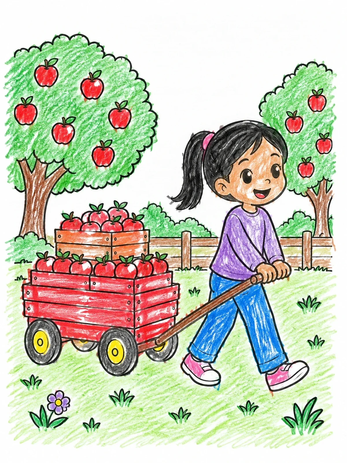 Colored example of the Girl Pulling Wagon Of Fresh Apples coloring page