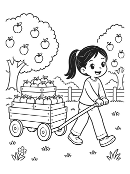 Free printable Girl Pulling Wagon Of Fresh Apples coloring page
