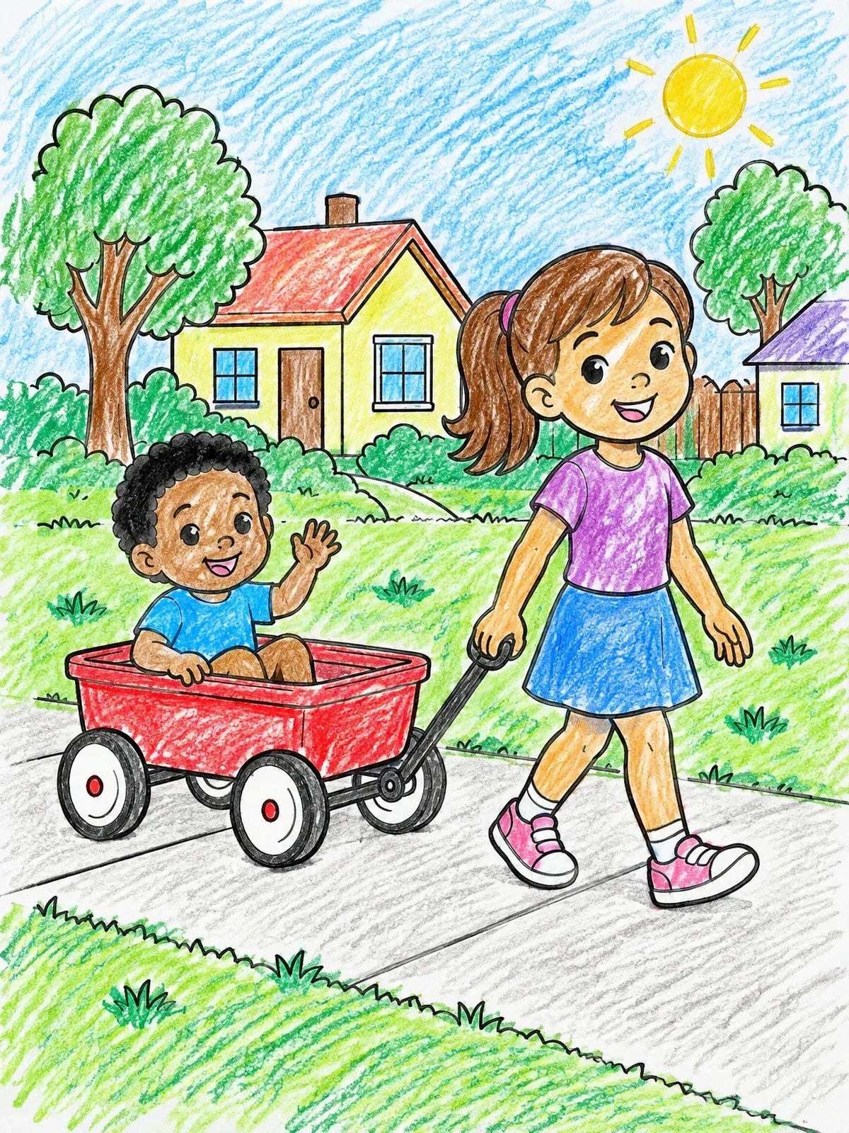 Colored example of the Girl Pulling Toddler In Wagon coloring page
