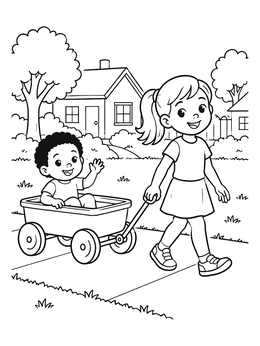 Free printable Girl Pulling Toddler In Wagon coloring page