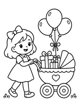 A cute baby coloring page of a girl pushing a stroller filled with presents and balloons.