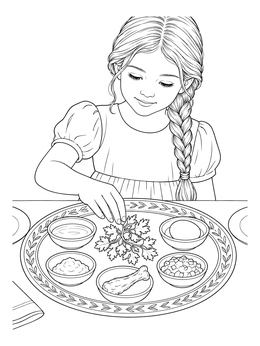 A young girl reaching toward parsley on a seder plate coloring page.