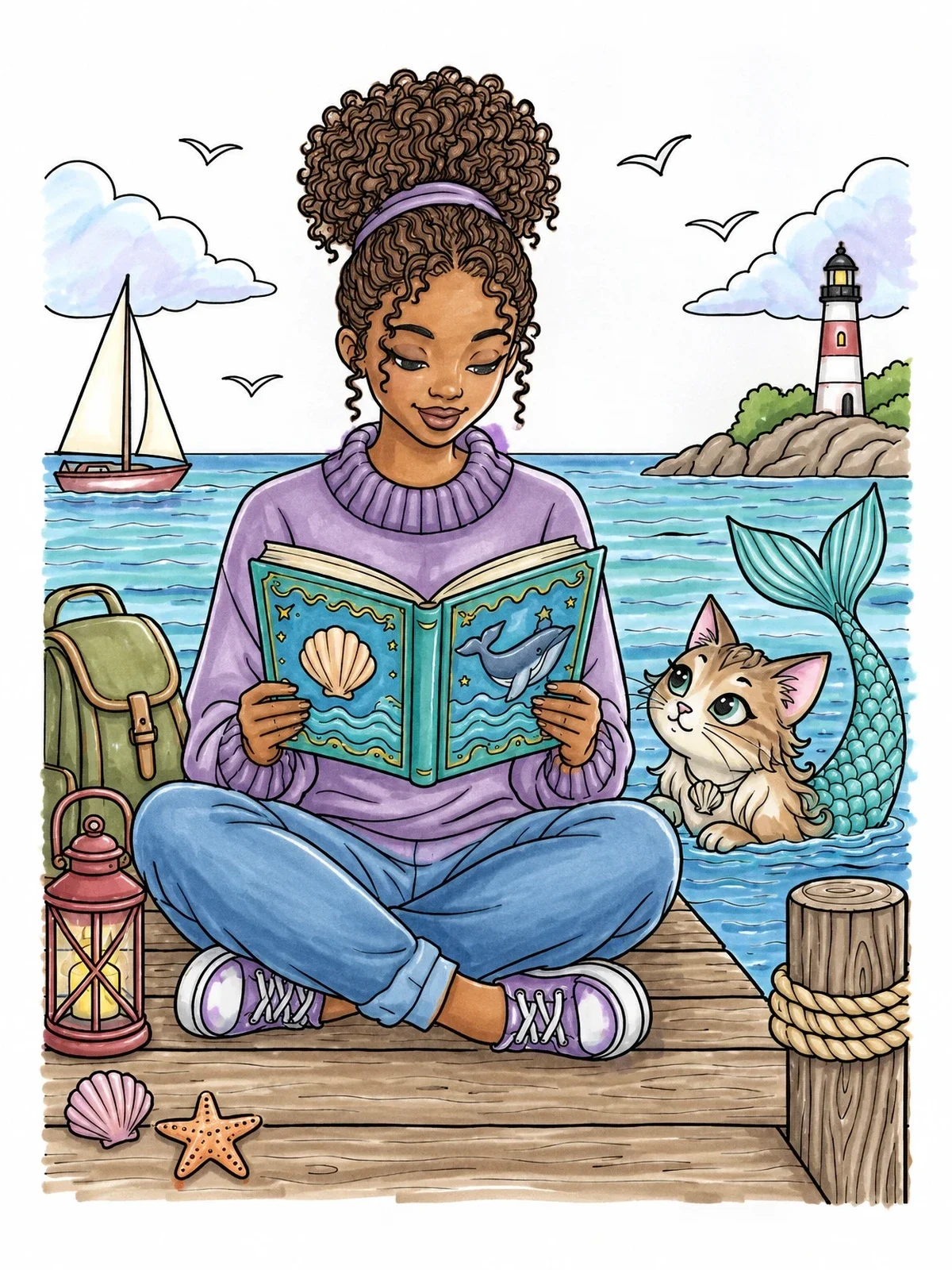 Colored example of the Girl Reading To A Mercat coloring page
