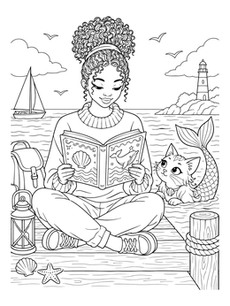 A girl on a dock reads a book beside the water in this mercat coloring page.