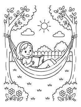 Free printable Girl Reading In Garden Hammock coloring page