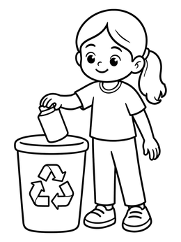 Free printable Girl Recycling At Trash Can coloring page
