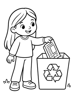 Free printable Girl Recycling Newspaper In Bin coloring page