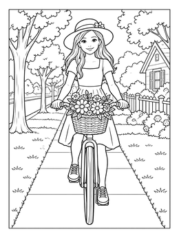 A smiling girl in a summer hat rides down a path on this bike coloring page.