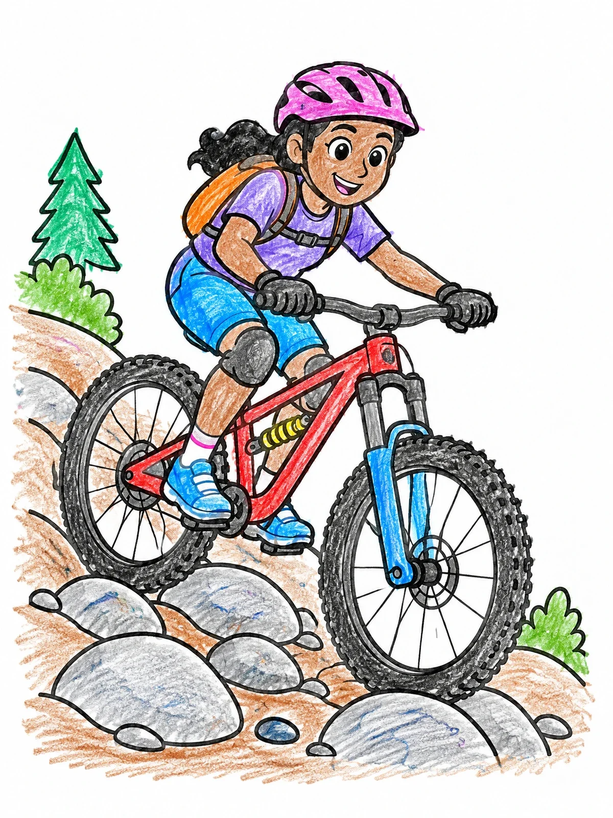 Colored example of the Girl Riding Down Rocky Trail coloring page
