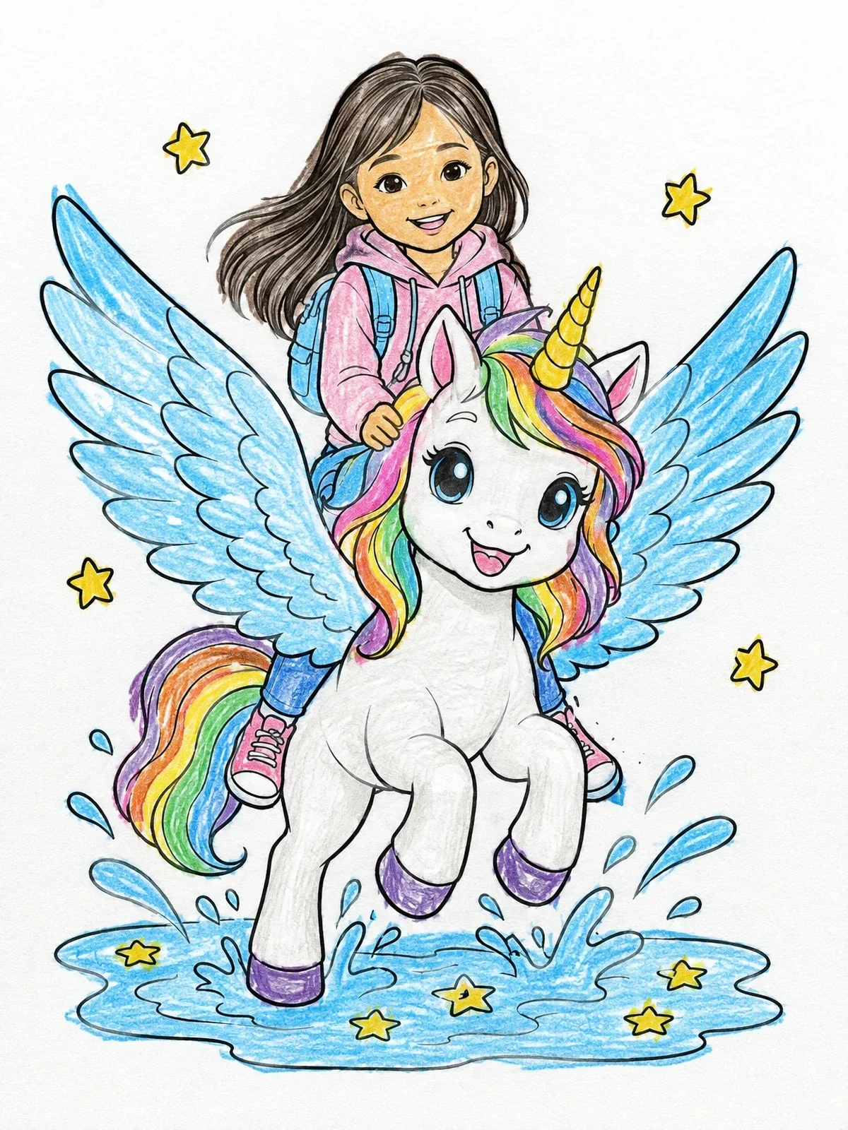 Colored example of the Girl Riding A Winged Unicorn In Puddles coloring page